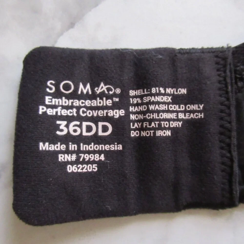 Soma Bra 36DD Black Padded Embraceable Perfect Coverage‎ Underwire